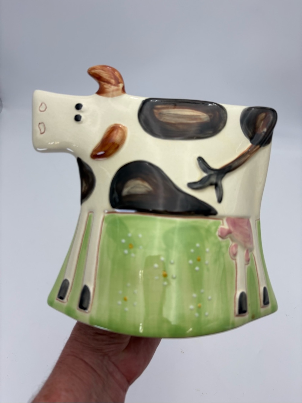 Whimsical Folk Art Hand-Painted Ceramic Cow Figure by Kari Tresakk